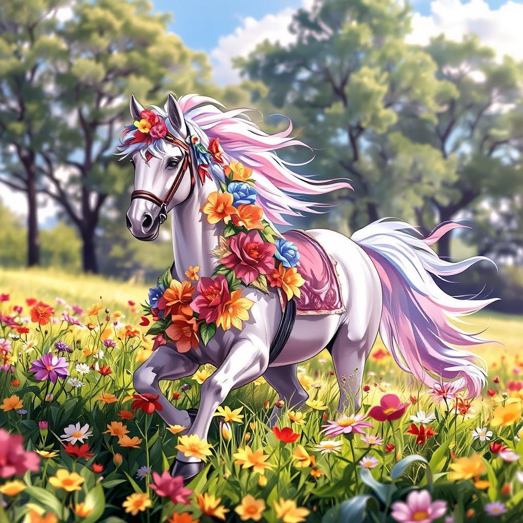 Enjoy the beauty of nature with this charming anime illustration featuring a white and pink horse adorned with rainbow-colored flowers. The horse is gracefully galloping through a vibrant field of colorful flowers, under a clear blue sky dotted with green trees in the background. This peaceful scene captures the essence of nature's splendor.