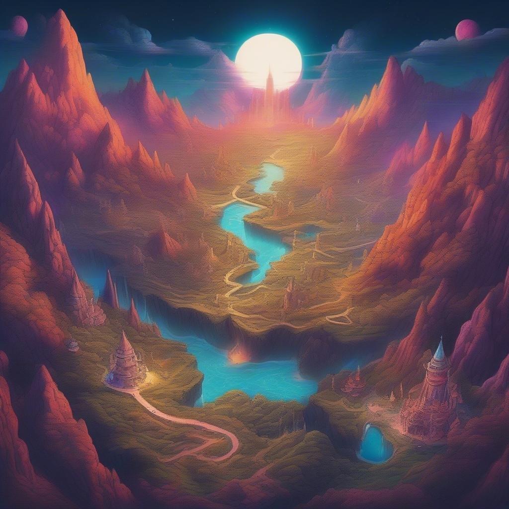 This image is a stunning representation of a fantastical landscape, complete with towering mountains, a winding river, and a bright sun in the sky. The scene is rendered in a vibrant, cartoonish style, with bold colors and exaggerated features.