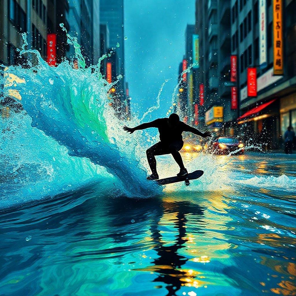 A daring urban surfer rides the waves amidst the city's hustle and bustle, defying gravity on a concrete wave.