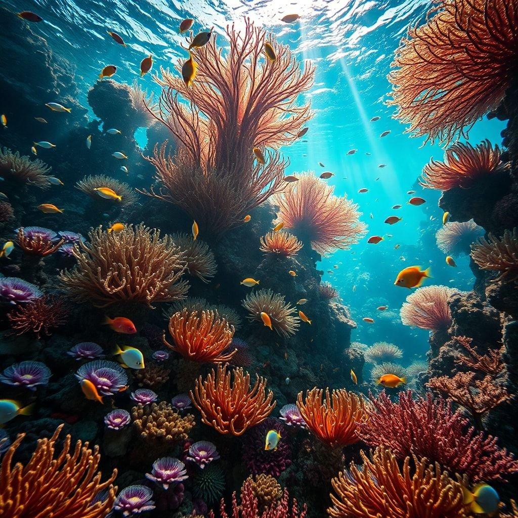 Dive into the vibrant world of coral reefs with this stunning wallpaper. The image showcases a kaleidoscope of colors, featuring a variety of fish swimming amidst the coral formations. The coral itself is a work of art, with its intricate details and textures creating a sense of depth and dimensionality. The sunlight filtering down from above adds a touch of warmth and life to the scene, making it feel like you're right there in the ocean.