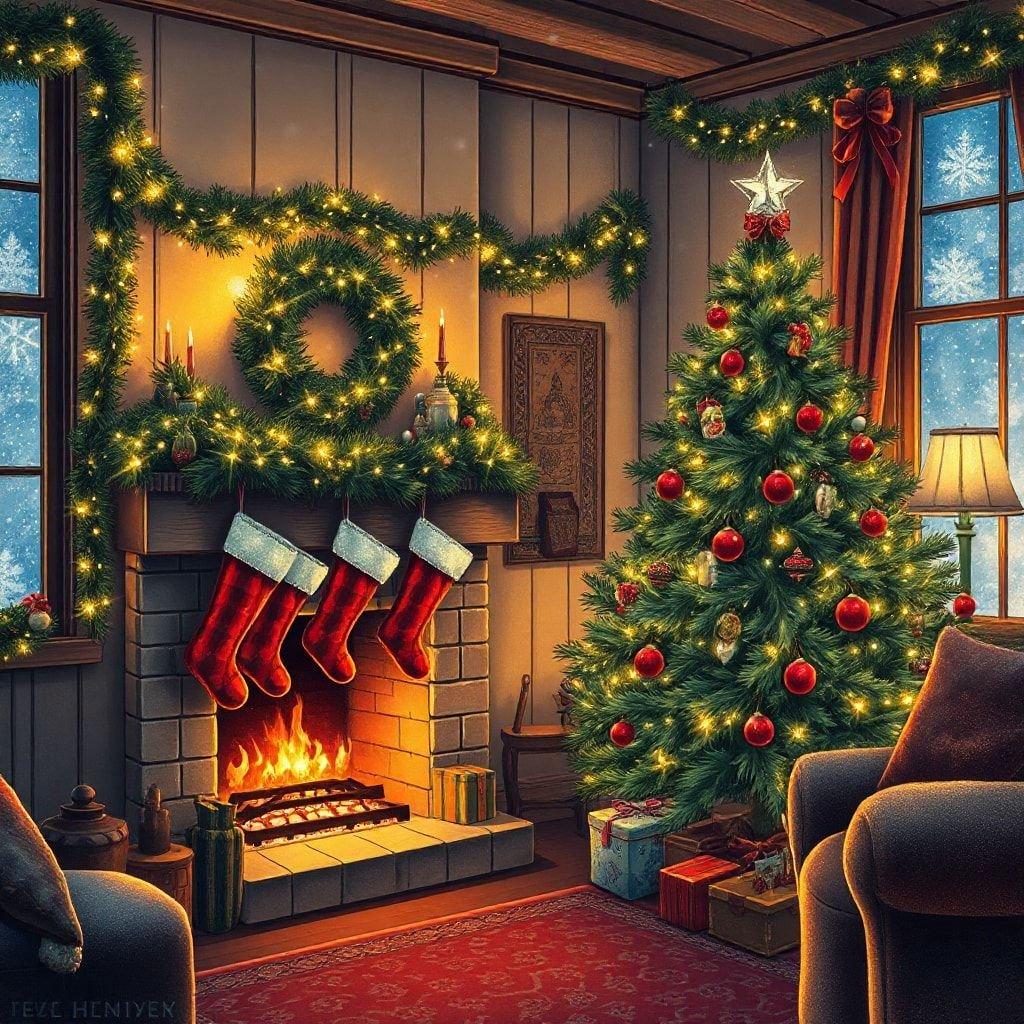 A charmingly decorated living room with holiday cheer, featuring stockings, a fireplace, twinkling lights, and festive decorations.