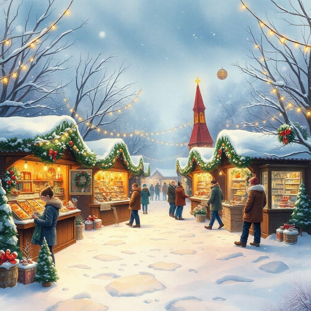 Get into the holiday spirit with this festive Christmas market wallpaper. Perfect for desktop and mobile use, this image captures the magic of the season with its cozy market stalls and twinkling lights.