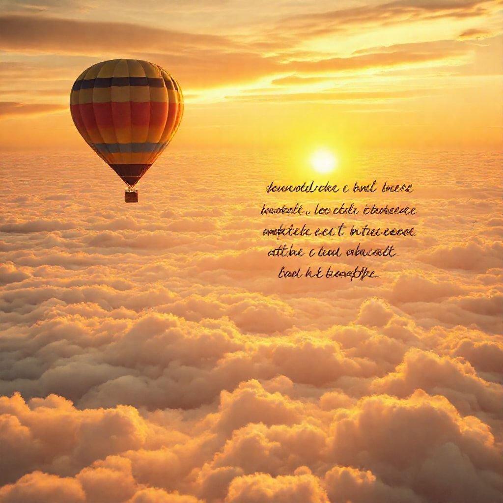 A serene sunset with a hot air balloon ascending amidst wispy clouds, accompanied by a profound quote. Perfect wallpaper for inspiration and reflection.