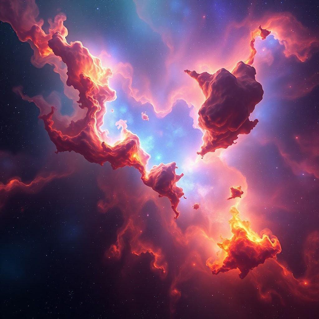 A breathtaking sci-fi panorama featuring swirling clouds and stars, with a vibrant nebula at the heart of the universe.