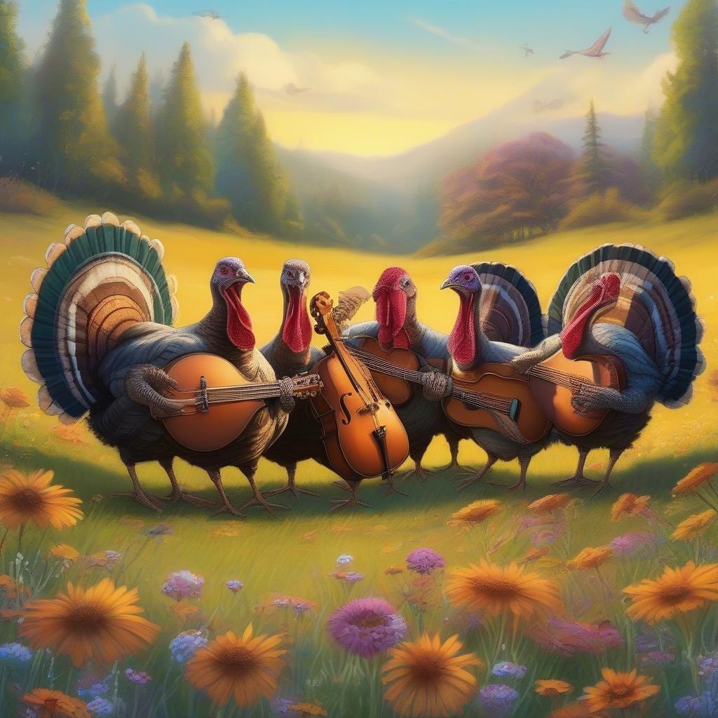 A heartwarming scene of turkeys serenading each other in a field of flowers, capturing the spirit of Thanksgiving.