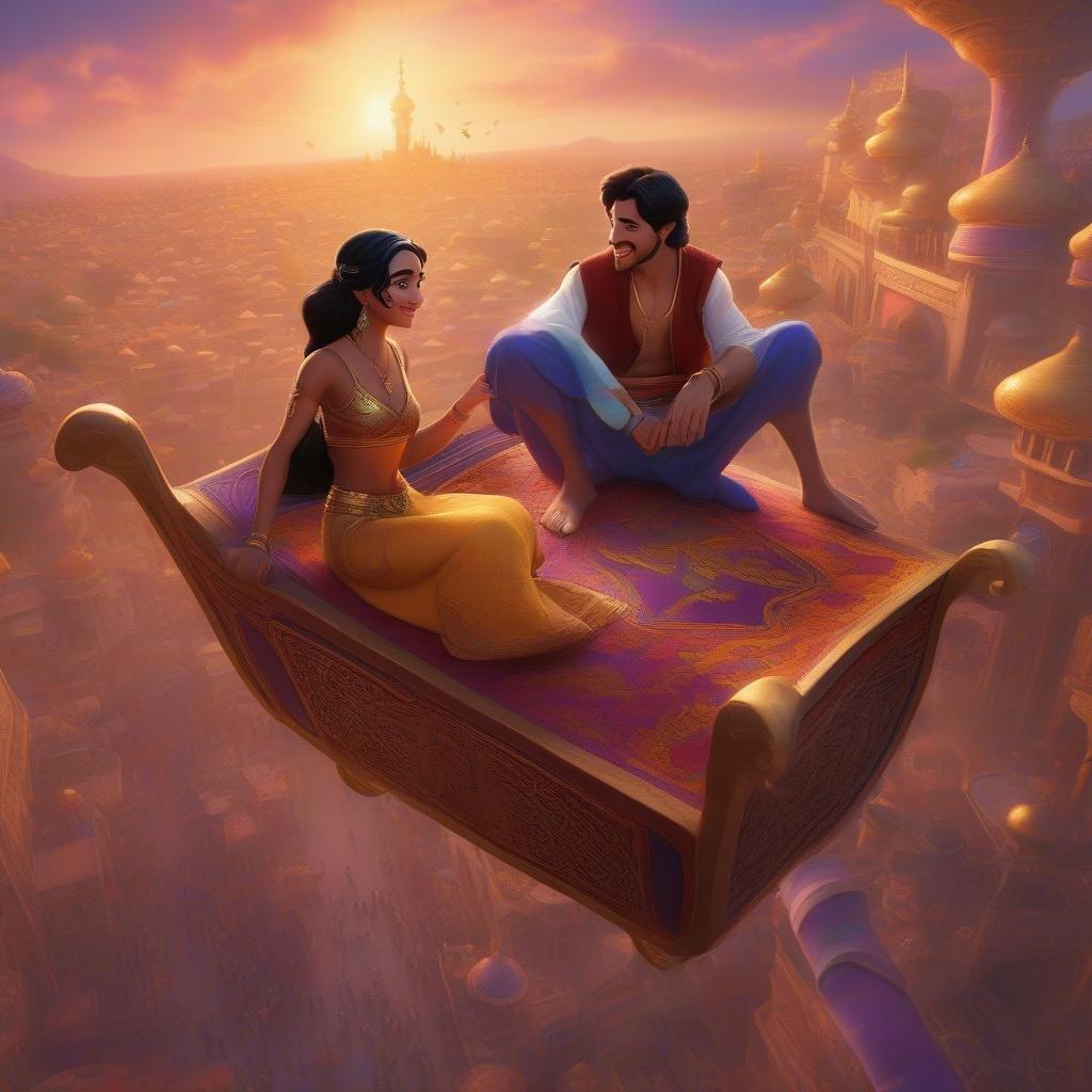 A magical moment between Aladdin and Jasmine on their flying carpet.