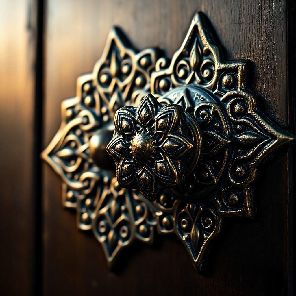 A detailed wooden door decorated with an intricate design, suitable for a variety of home styles.