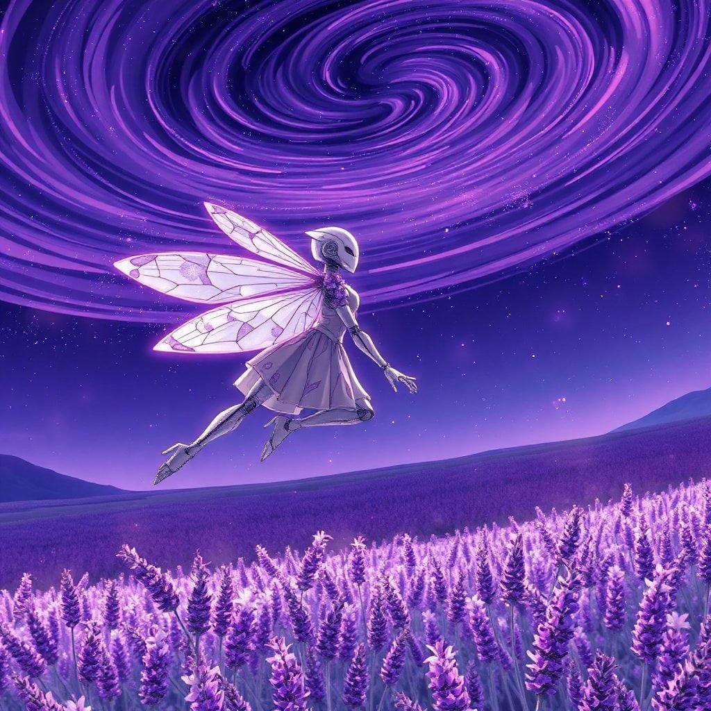 This captivating anime wallpaper features a robot in a dragonfly costume gracefully gliding through a field of lavender, set against a stunning night sky with purple and pink hues.