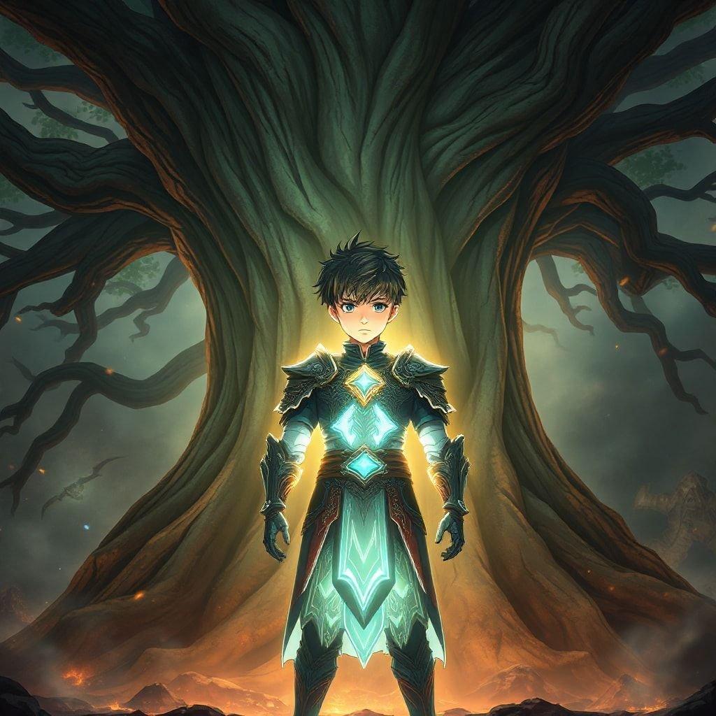 A young anime hero, ready for adventure. A sword in one hand and a shield on the back, he stands confidently against a backdrop of dark, ominous trees.