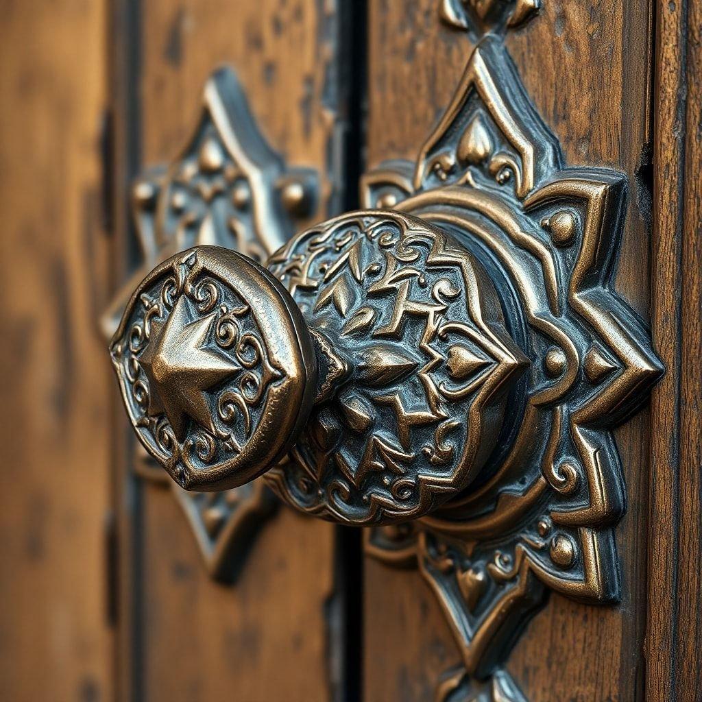 An ornate bronze-colored metal door with intricate designs, possibly from a temple or historical building. The door features an exotic decorative knob and handle with patterns that add to its grandeur.