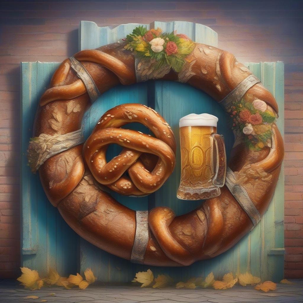 An inviting image of a traditional Oktoberfest scene, featuring freshly baked pretzels, crisp Bavarian beer, and the joyous spirit of Germany's most famous festival.