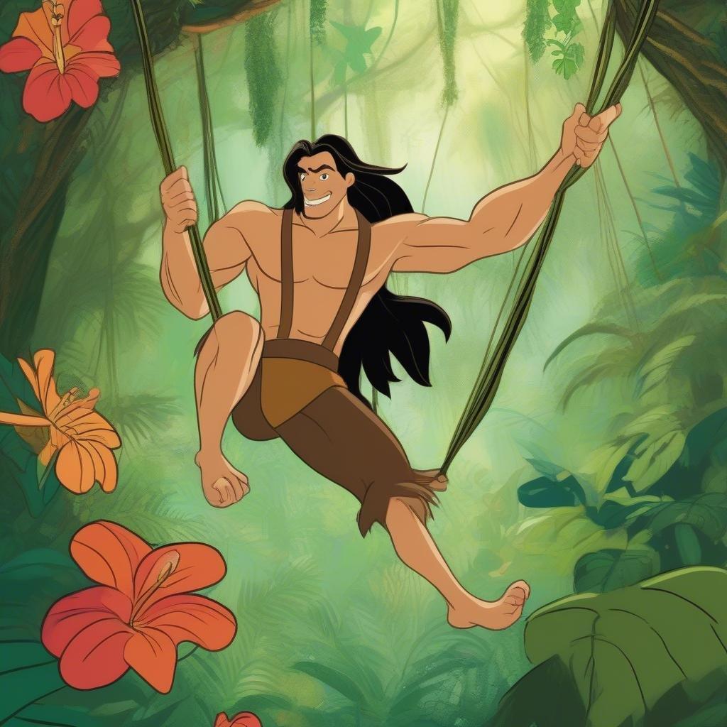 This image features Tarzan, a beloved Disney character, swinging through the jungle with a big smile on his face. The background is a lush, green jungle with various plants and trees, creating a sense of depth and atmosphere.