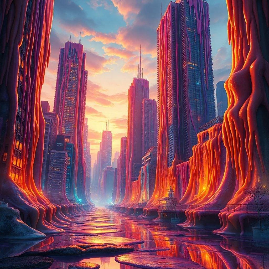 A vibrant futuristic city at sunset, featuring towering buildings with neon lights. The streets are flooded and reflect the surrounding structures. An artistic vision of a cyberpunk metropolis.