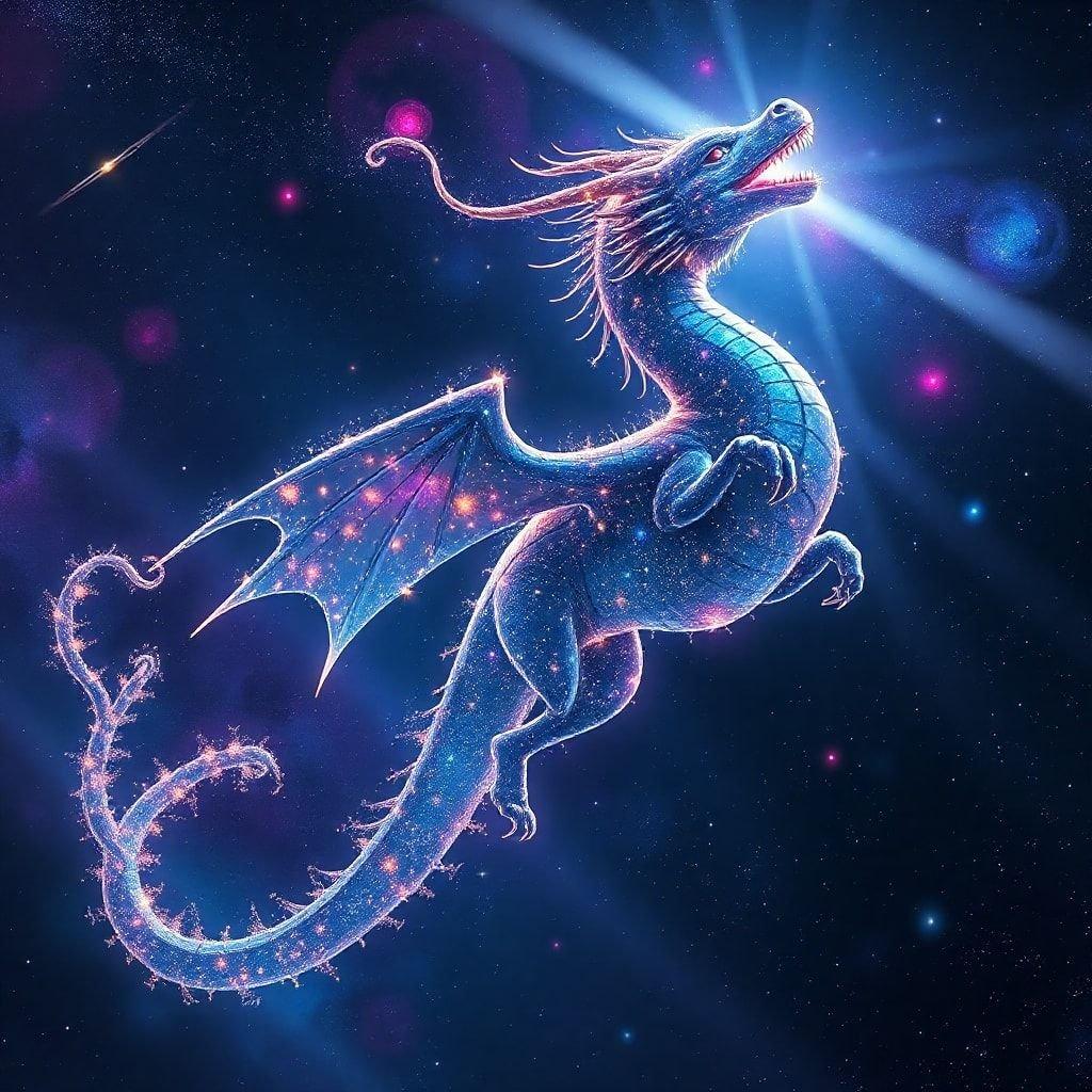 Imagine being part of the cosmic dance, where stars whisper secrets and dragons soar on solar winds. This celestial creature embodies the fusion of fantasy with astronomical beauty. Let it inspire you to dream beyond the stars.