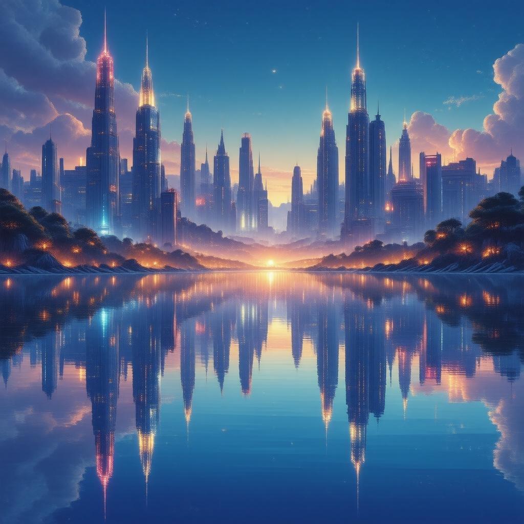 Immerse yourself in the vibrant world of anime with this stunning cityscape wallpaper. The futuristic metropolis is reflected in the calm waters of a serene lake, creating a breathtaking scene that's perfect for desktop and mobile use.