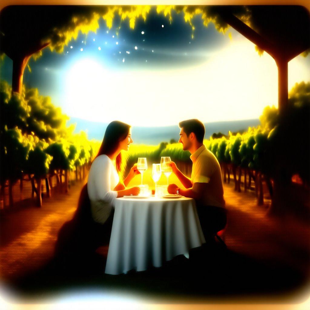 A romantic couple enjoys a glass of wine as the sun sets in a vineyard, basking in the warm glow and the quiet beauty of the evening.