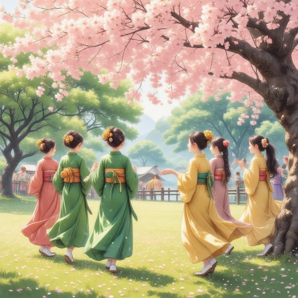 Bereiten Sie sich darauf vor, von diesem atemberaubenden Anime-Hintergrundbild verzaubert zu werden, das eine Gruppe von Mädchen in traditionellen Kimonos zeigt, die unter einem wunderschönen Kirschbaum tanzen. Die lebhaften grünen und gelben Outfits der Mädchen ergänzen perfekt die rosa Blüten und schaffen eine atemberaubende Szene.