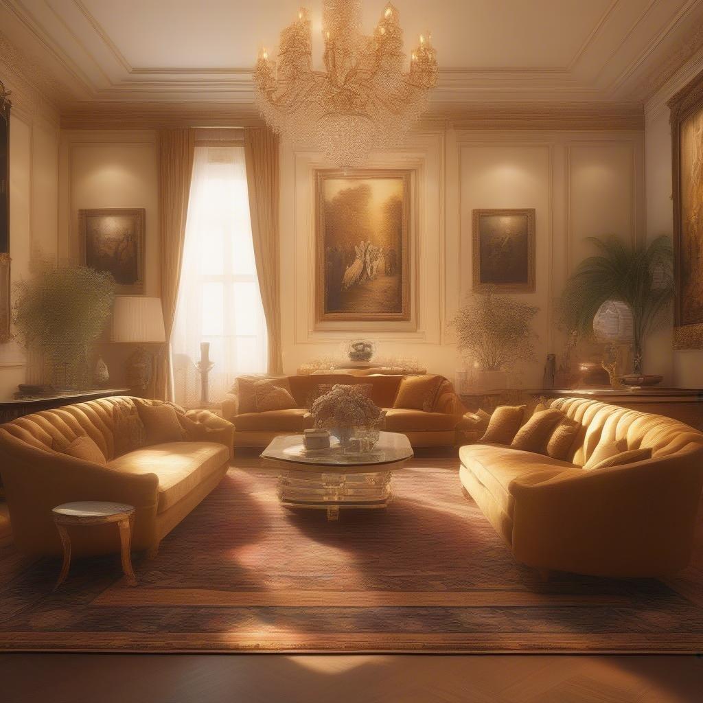 This luxurious living room exudes an atmosphere of grandeur with its high ceilings, crystal chandeliers and gold accents. The plush sofas invite relaxation, while the grandfather clock adds a touch of classic charm.