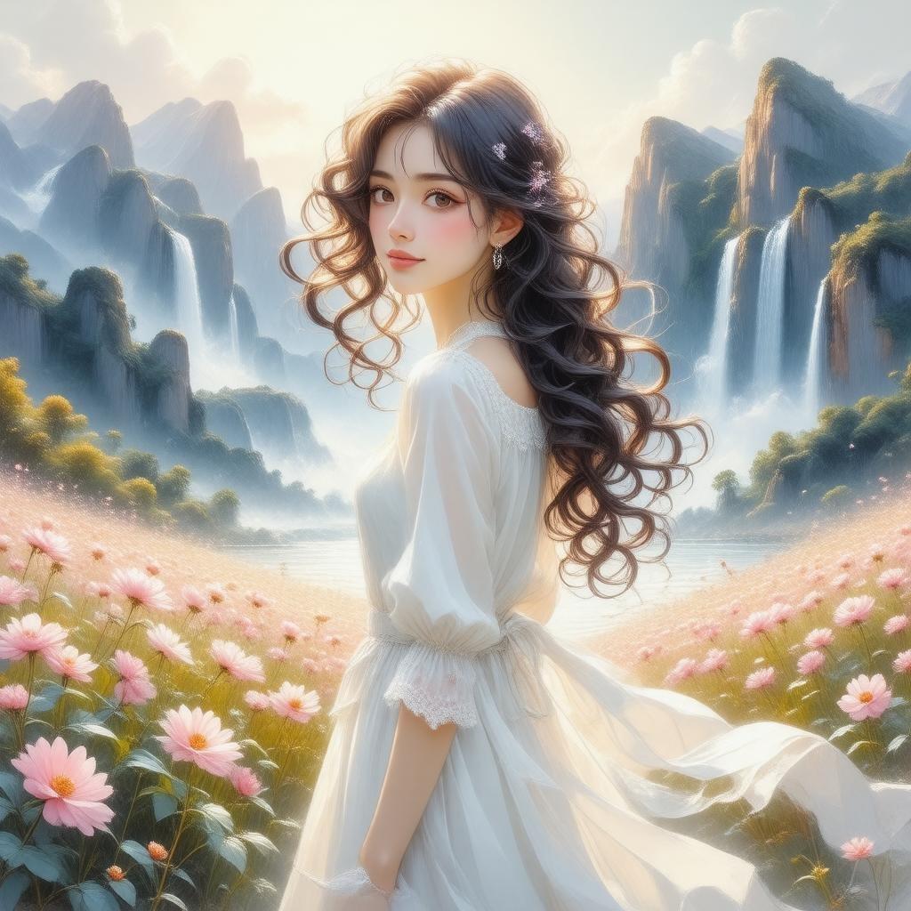 Immerse yourself in the serene beauty of this anime illustration, where a woman stands amidst blooming flowers, surrounded by a misty mountain landscape and a cascading waterfall, all bathed in soft rainbow hues.