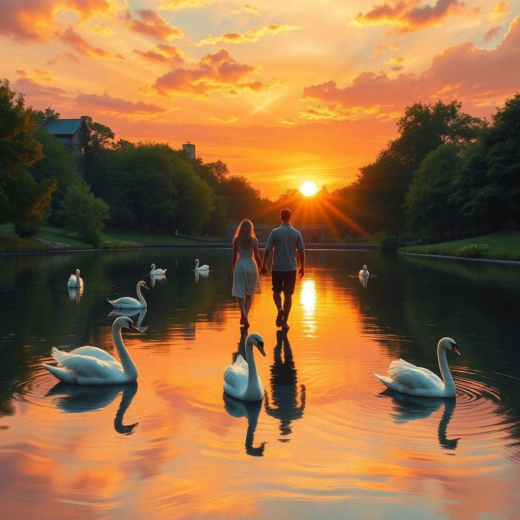 A couple enjoying a leisurely walk through a park during a picturesque sunset, with geese gently swimming nearby.