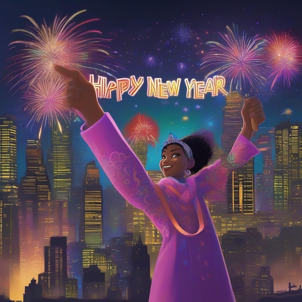 Welcoming the new year with sparkling fireworks over a bustling city skyline.