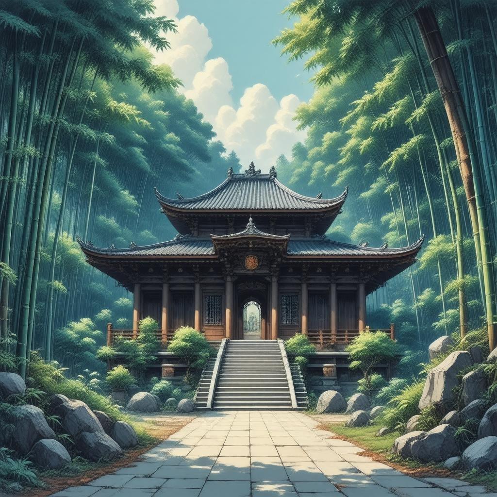 Dyk ner i den lugna skönheten av ett gammalt anime-tempel som ligger i en livlig bambuskog. Denna fantastiska bakgrund kombinerar naturens lugn med teknikens intrikater, vilket skapar en harmonisk blandning som tar dig till en värld av fred och under.