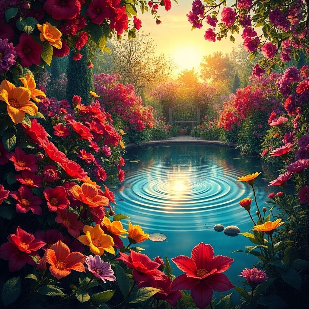 This beautiful wallpaper features a tranquil garden scene with a pond, surrounded by vibrant flowers and lush greenery. The sun shines brightly overhead, casting a warm glow over the entire scene. It's the perfect wallpaper for anyone who loves nature and wants to bring a touch of serenity to their device.