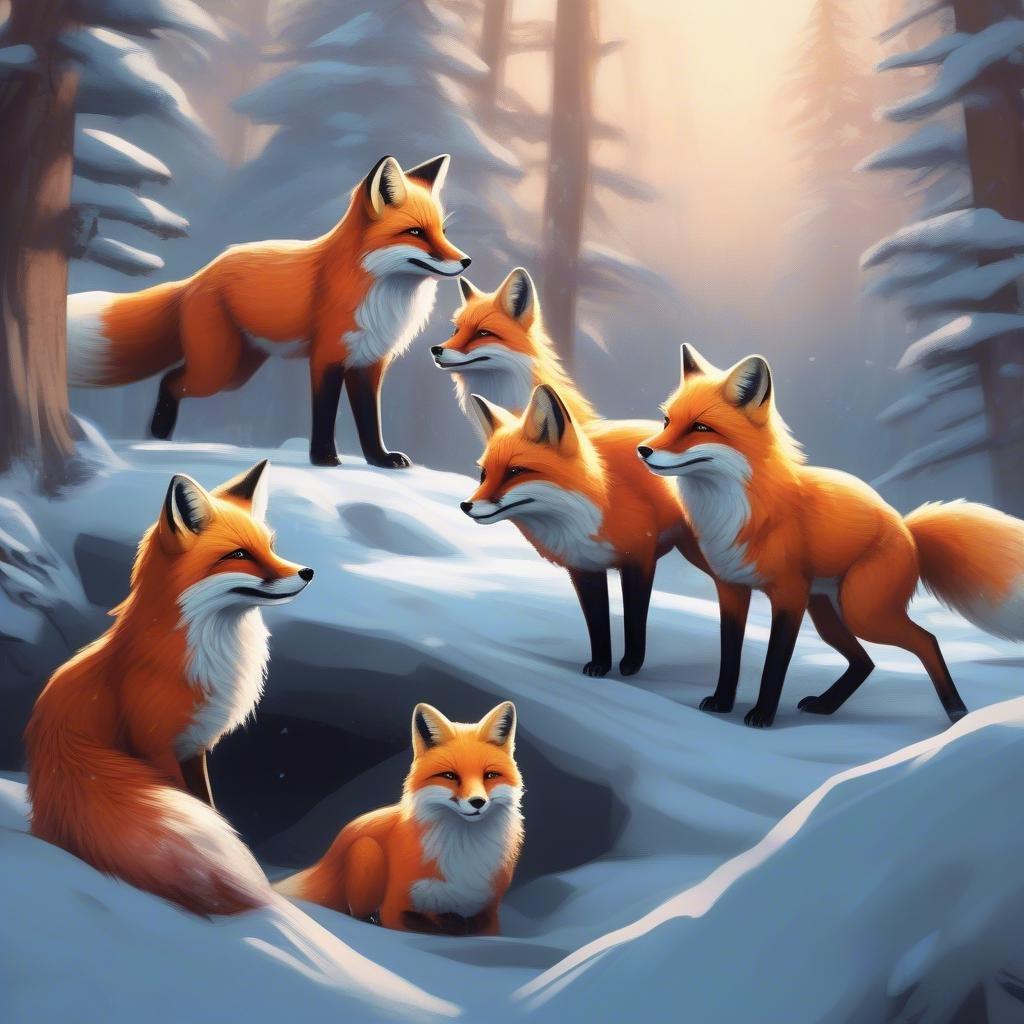 A group of red foxes huddle together in the snow, their fur glowing warm against the cold landscape.