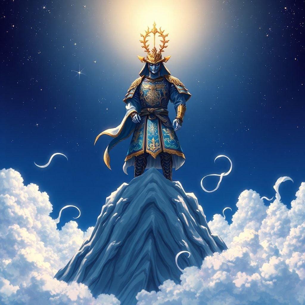 This stunning anime wallpaper features a samurai standing on a mountain of clouds, exuding an air of mystery and intrigue. The intricate patterns on the samurai's body and the golden crown add to the overall sense of grandeur and power.