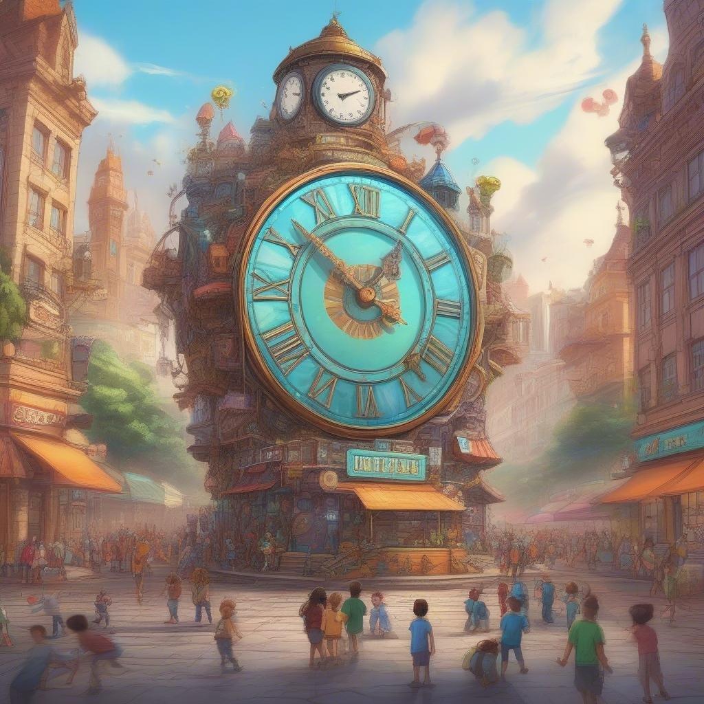 Step into a world of imagination and wonder with this captivating wallpaper featuring a giant clock in the middle of a busy city. The clock's vibrant blue face and golden hands stand out against the backdrop of towering buildings and bustling streets, creating a sense of excitement and energy. Perfect for kids and cartoon lovers alike, this image is sure to spark creativity and inspire dreams of adventure.