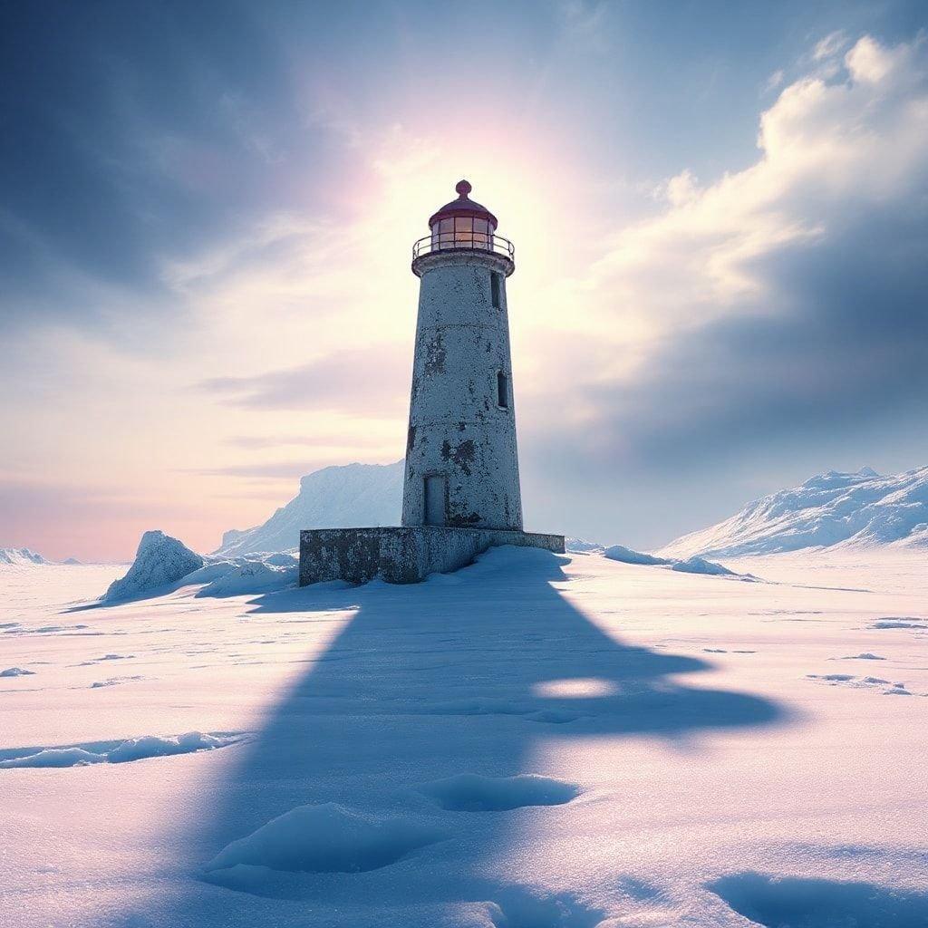 A serene and majestic lighthouse stands tall on a snow-covered island, surrounded by the vast expanse of the ocean.