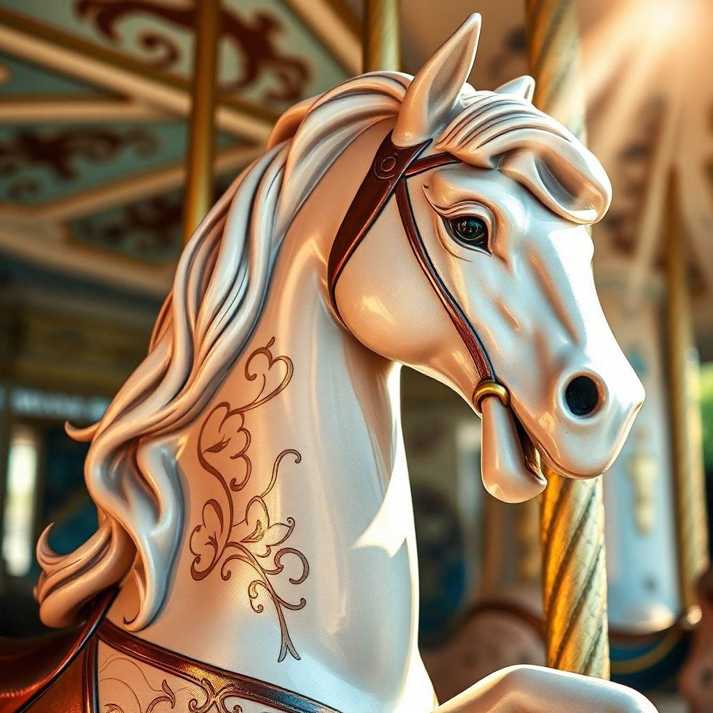 Step right up to the magical carousel, where a majestic steed stands ready to whisk you away on an enchanting journey. The sun casts its warm rays on this charming scene, highlighting every detail of the horse's glossy coat and intricate decorations.