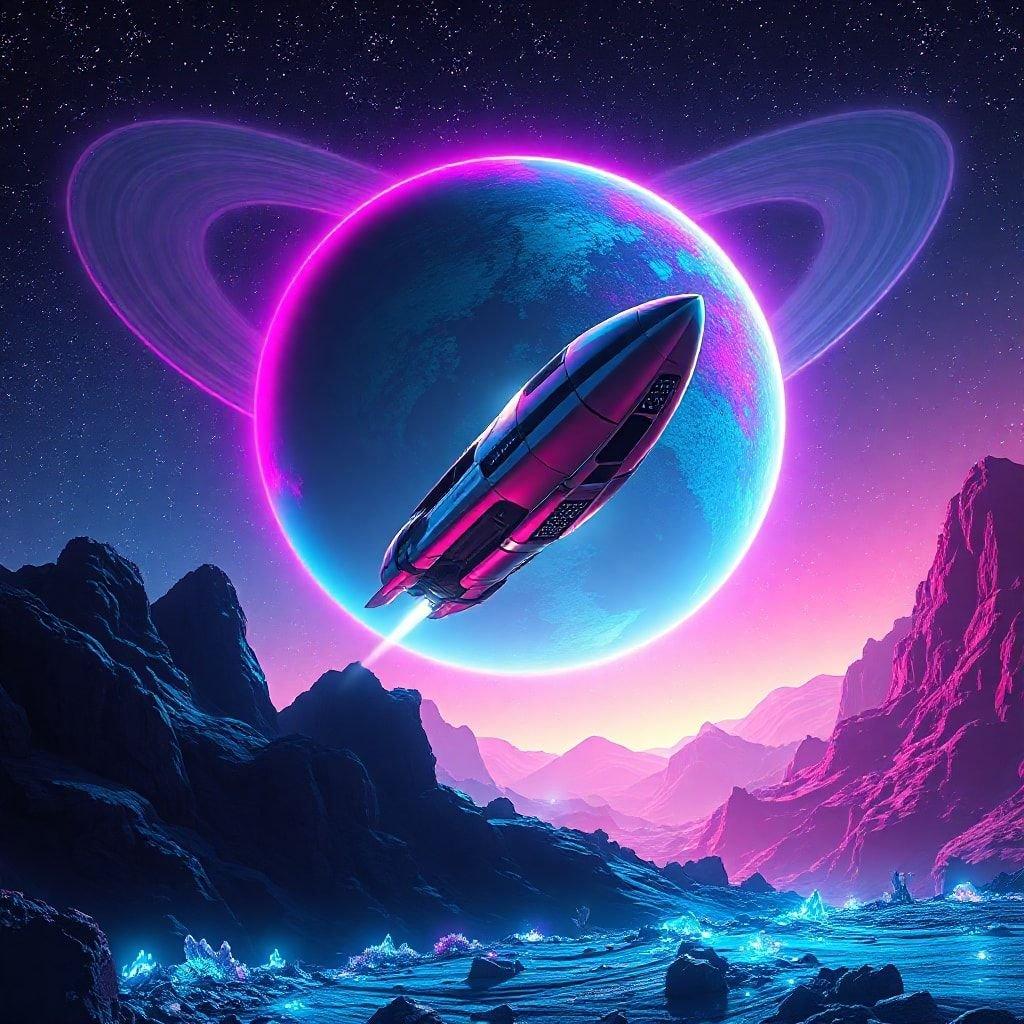 Embark on an intergalactic adventure with this vibrant wallpaper. The pink and purple celestial backdrop is home to a pulsating planet that beckons the viewer's gaze, while the rocket ship in the foreground seems ready for takeoff. This image is perfect for technology enthusiasts who enjoy space exploration and the beauty of our cosmic surroundings.