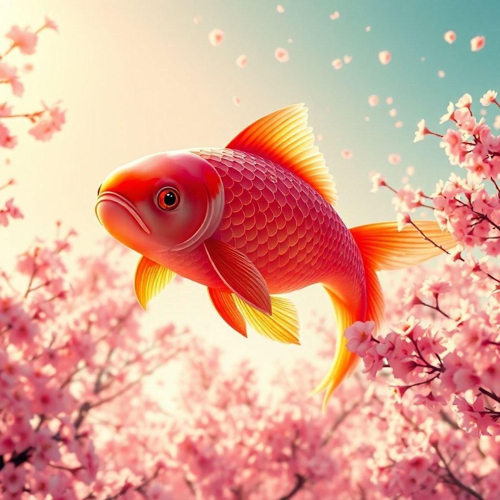 Immerse yourself in the serene beauty of this anime-inspired wallpaper, featuring a majestic koi fish swimming amidst a field of cherry blossoms.