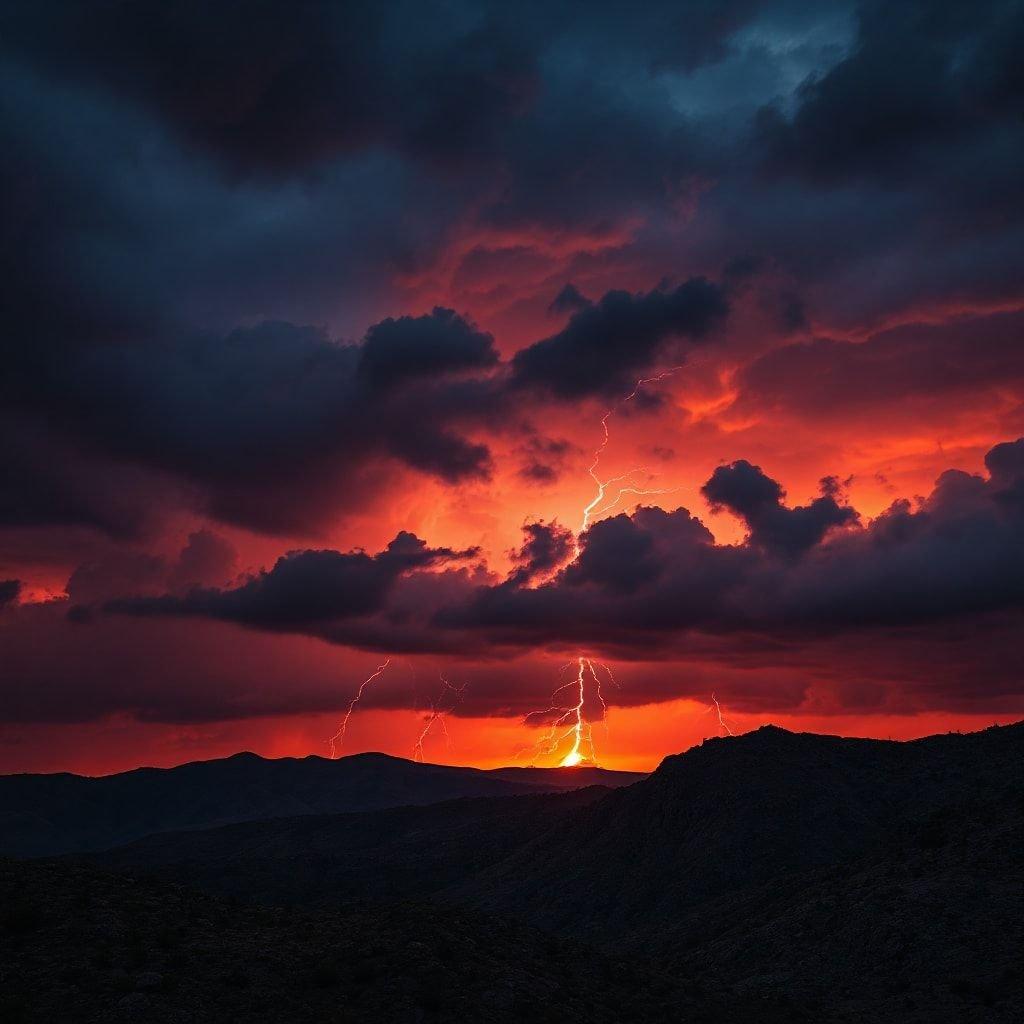 A dramatic desert sunset, with the sky painted in vibrant hues of red and orange. Silhouetted against this fiery canvas is a bolt of lightning, its energy crackling in the clouds above.