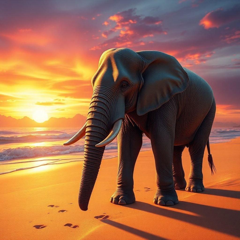 This beautiful elephant strides along the beach at sunset, evoking a sense of wonder and tranquility. It's a stunning image that captures the essence of travel and adventure.