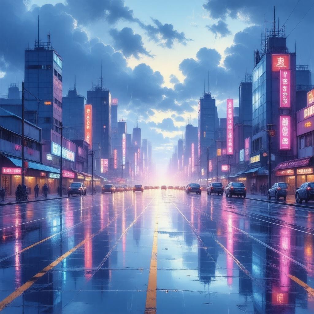 A vibrant digital illustration capturing the city's neon lights reflecting on wet pavement. The scene is bathed in blues and purples, creating a moody atmosphere under the cloudy sky.