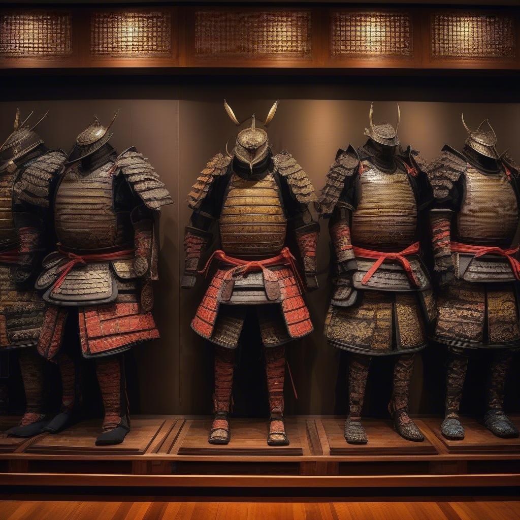 This collection showcases samurai armor, with each piece crafted from metal and adorned with vivid colors. The suits are arranged in a trio, each representing a different warrior from history's most renowned clans.