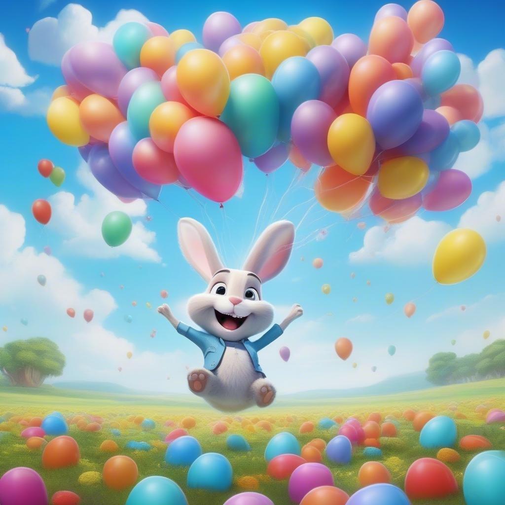 A joyful scene featuring a bunny from the beloved cartoon, flying high with balloons against a backdrop that speaks to springtime and whimsy.