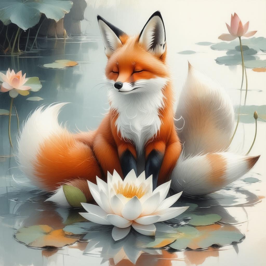 A tranquil scene featuring a fox spirit in an ethereal setting, capturing the essence of peace and calm.