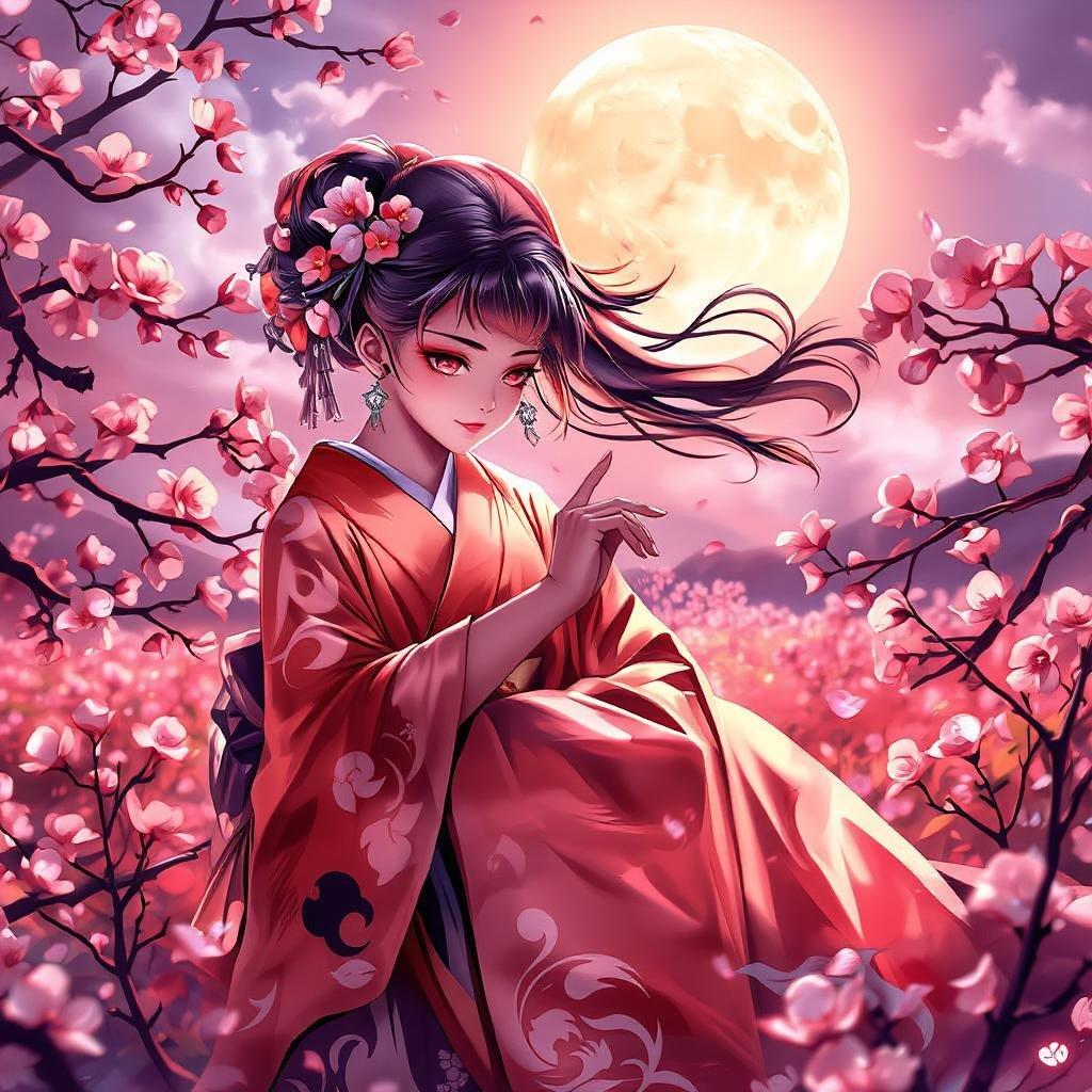 Imprégnez-vous de la beauté sereine de ce fond d'écran de geisha anime, où une douce geisha danse au milieu d'un champ de fleurs de cerisier sous une pleine lune.