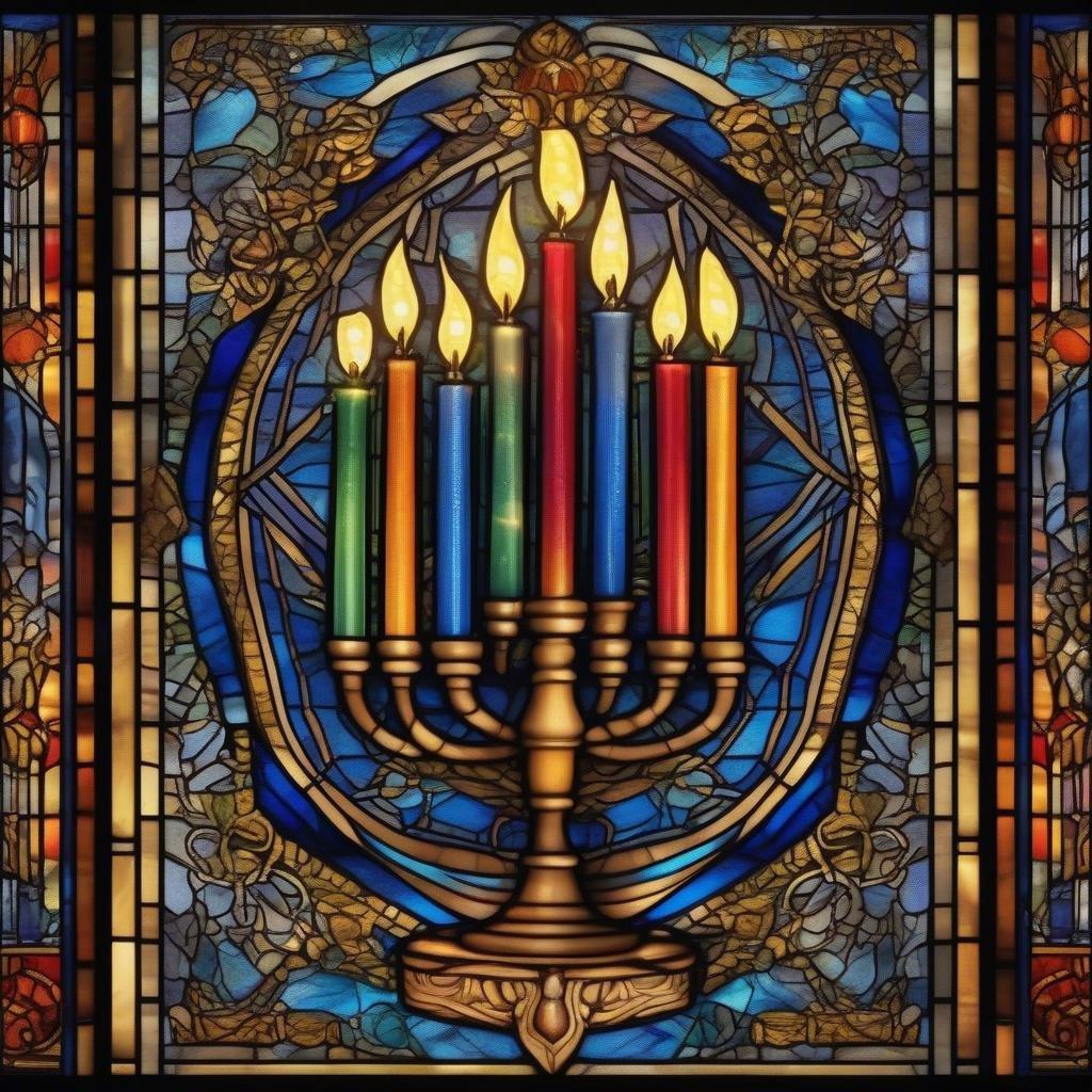 Bring the festive spirit of Hanukkah into your home with this charming stained glass window depicting a traditional menorah and Star of David design. The colors are vibrant, capturing the essence of the holiday celebrations.