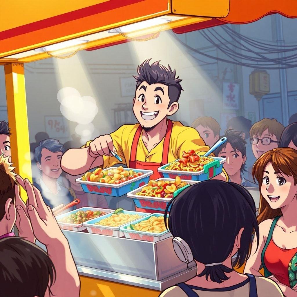 This captivating anime-style illustration showcases a charming food cart vendor, surrounded by a bustling street food market. The vendor's cart, with its bright yellow and orange exterior, serves as a vibrant centerpiece, while the colorful trays and handles of the dish add to the visual appeal. The crowd of customers lingering behind the cart creates a sense of scale, and the illustration's vibrant colors and hint of mystery evoke a lively atmosphere.