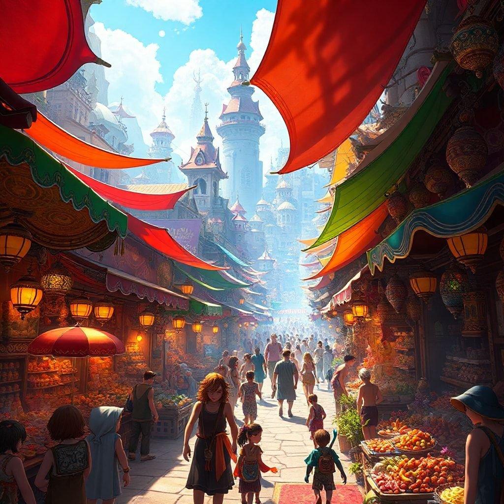 A vibrant market scene set in a fantastical city with colorful stalls, busy shoppers, and lively atmosphere.