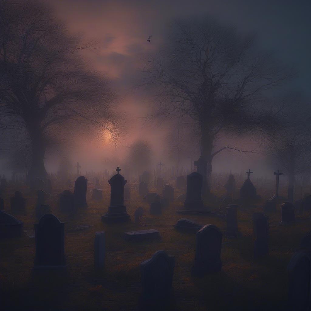 This haunting wallpaper captures the eerie atmosphere of a cemetery at night, perfect for those who love the spooky and mysterious. The dark and foggy setting creates a sense of foreboding, while the tombstones and crosses add to the sense of history and reverence.