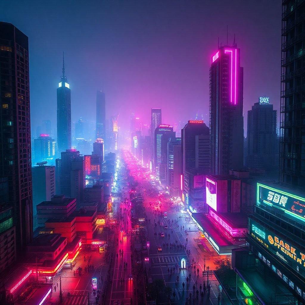 A captivating view of a neon-lit city during twilight hours, evoking the cyberpunk ambiance.