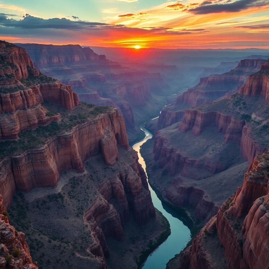 Experience the breathtaking beauty of the Grand Canyon as the sun sets, painting a stunning sky over the landscape.