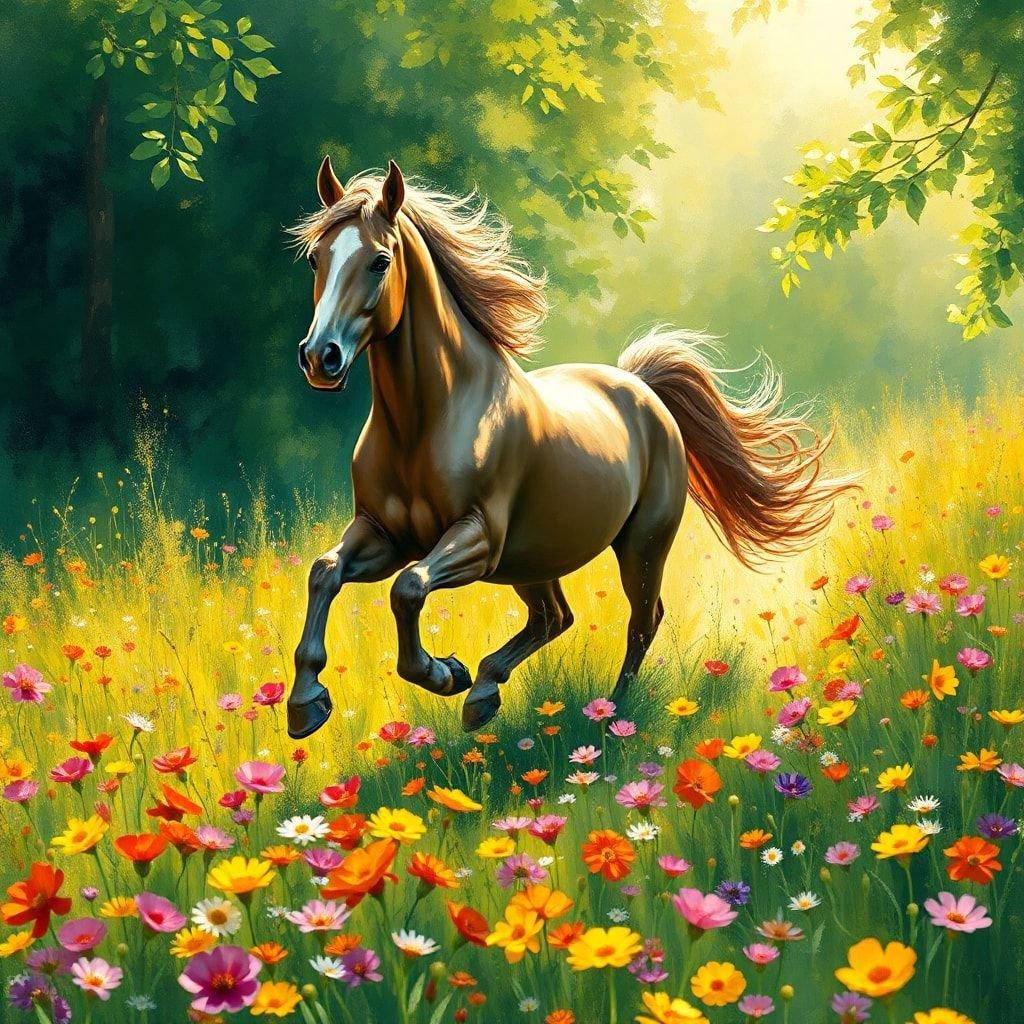 An energetic horse running through a vibrant field of flowers.