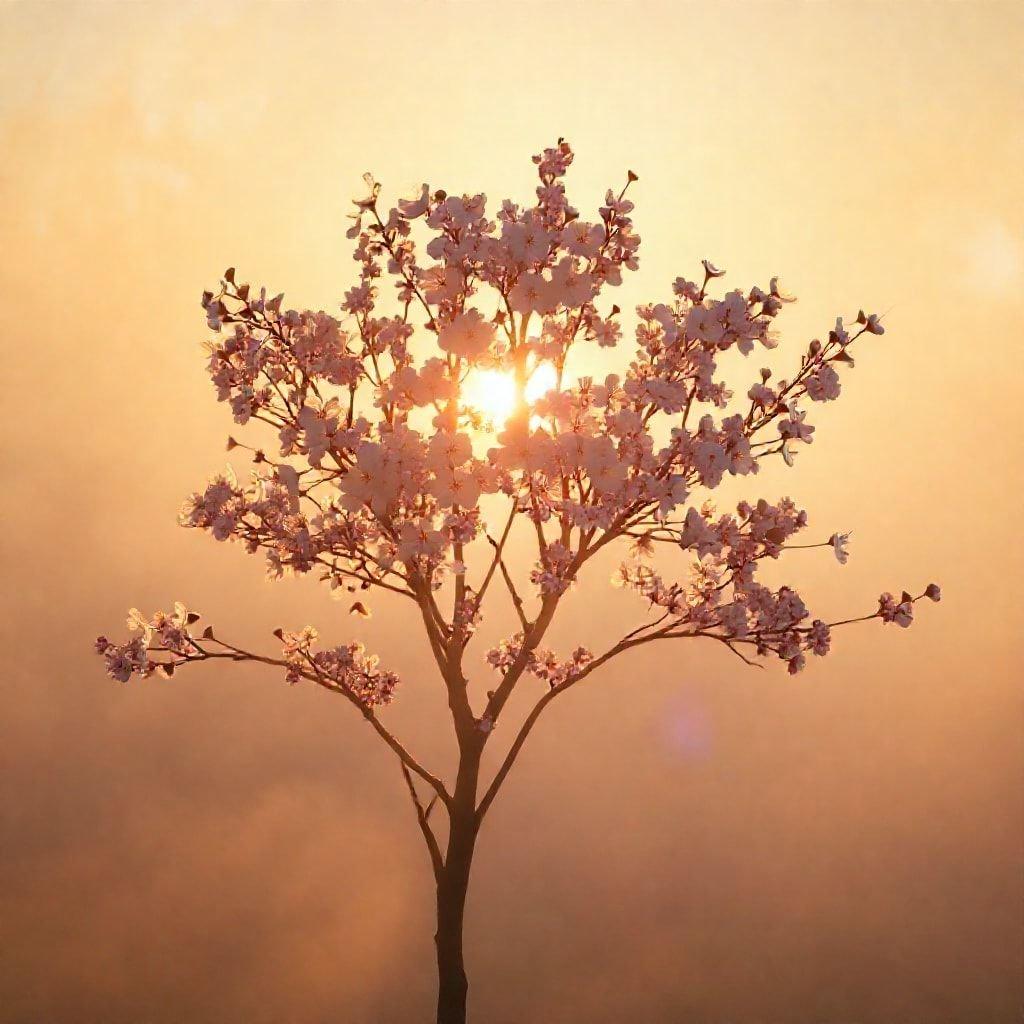 A casual sunset through the branches of a flowering tree, casting dappled light over the landscape.