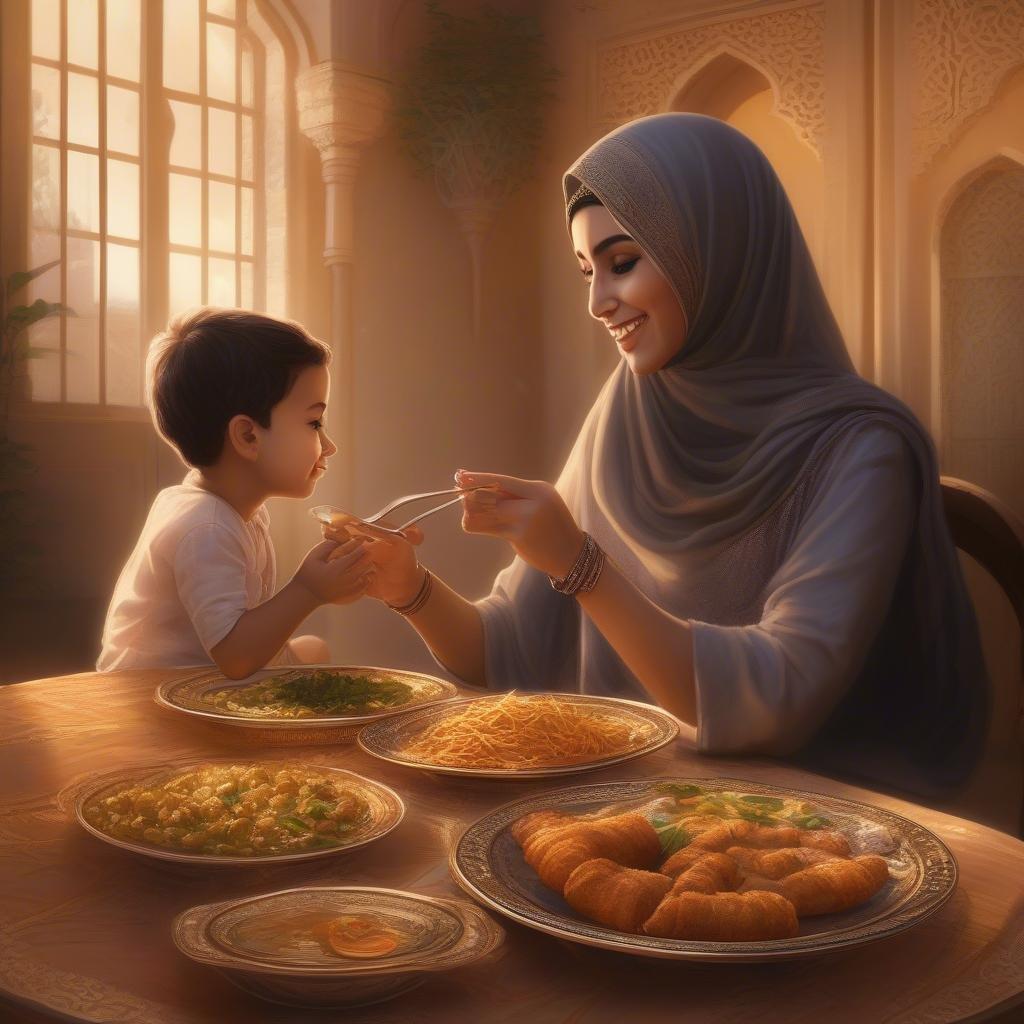 A heartwarming scene of a mother feeding her child during the holy month of Ramadan. The table is set with plates full of delicious food, and both of them are smiling at each other, enjoying this precious moment of togetherness. Their attire suggests that they might be practicing Islam and celebrating Eid after Ramadan. This image captures the spirit of family, tradition, and the joy shared during special occasions.